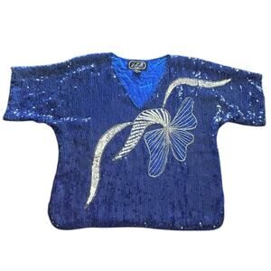 Vintage JLB 100% Silk Sequin Blue Silver Short Sleeve Top Blouse Womens Sz Large
